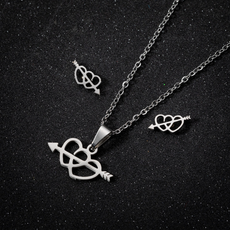 Stainless steel Korean style love set cross-border wish new three-piece set one-arrow heart necklace earrings heart jewelry