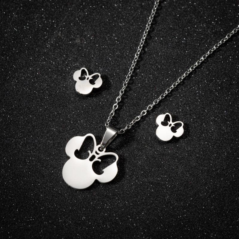 Korean version of cute Mickey Mouse earrings for women, personalized fashionable stainless steel pendant, clavicle chain, small fresh jewelry set