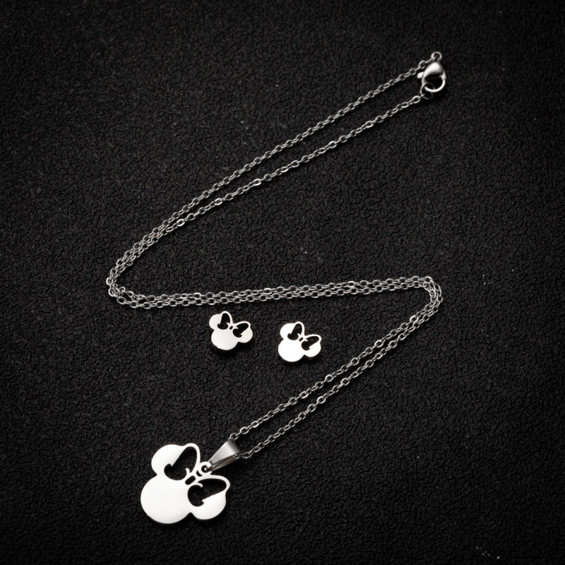 Korean version of cute Mickey Mouse earrings for women, personalized fashionable stainless steel pendant, clavicle chain, small fresh jewelry set
