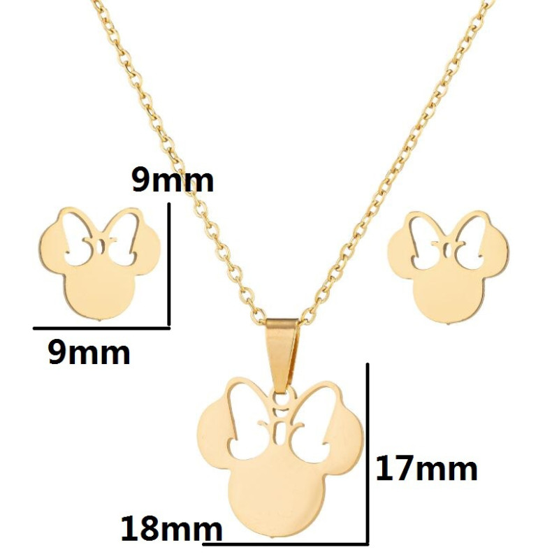 Korean version of cute Mickey Mouse earrings for women, personalized fashionable stainless steel pendant, clavicle chain, small fresh jewelry set