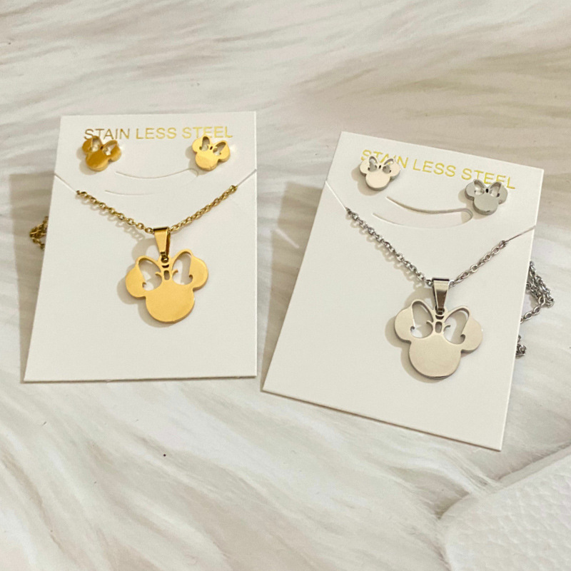 Korean version of cute Mickey Mouse earrings for women, personalized fashionable stainless steel pendant, clavicle chain, small fresh jewelry set