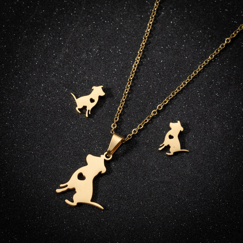 Fashionable and simple hollow geometric heart-shaped pendant cute small animal pet dog earrings clavicle chain jewelry set