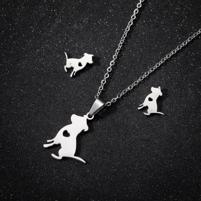 Fashionable and simple hollow geometric heart-shaped pendant cute small animal pet dog earrings clavicle chain jewelry set