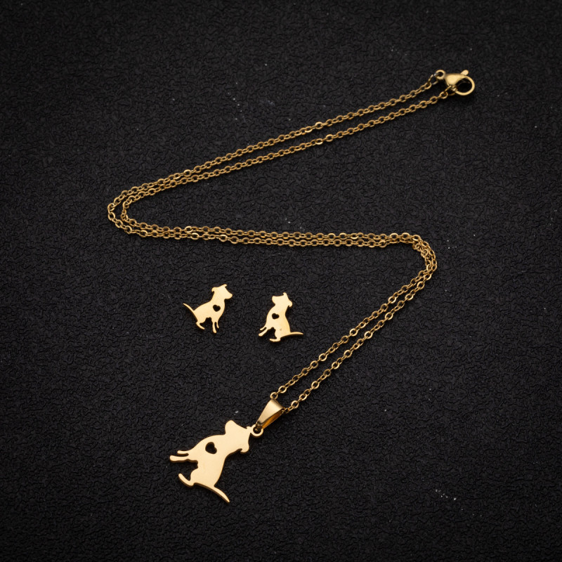 Fashionable and simple hollow geometric heart-shaped pendant cute small animal pet dog earrings clavicle chain jewelry set