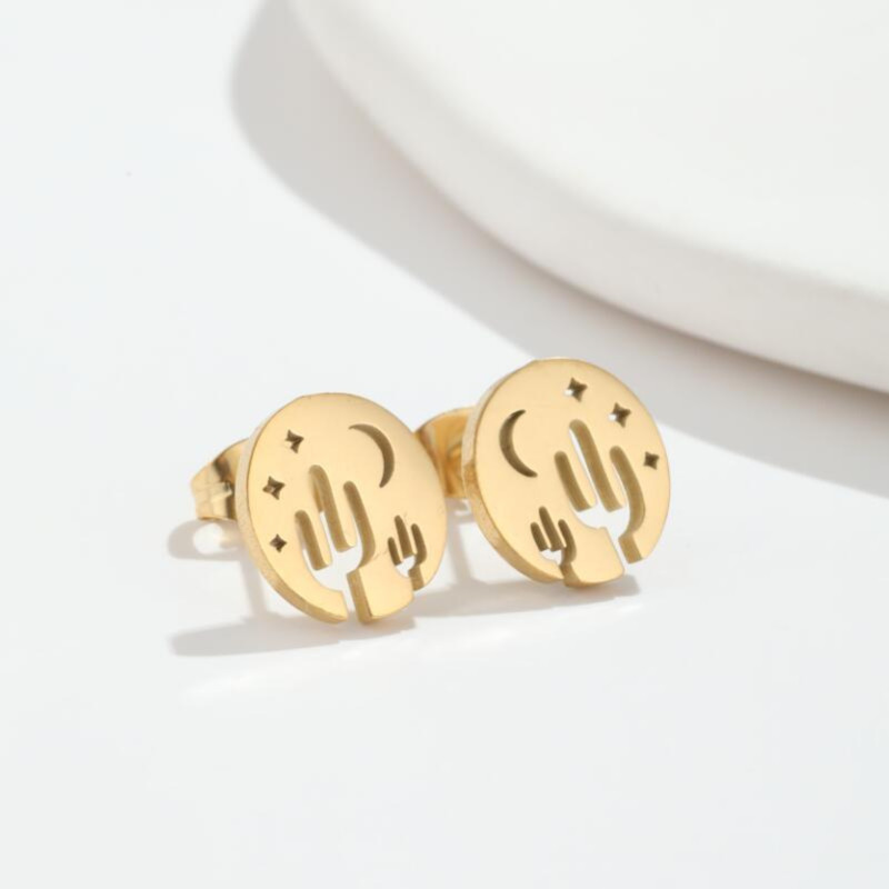 Geometric simple earrings ins female niche temperament creative new hollow desert cactus star moon earrings