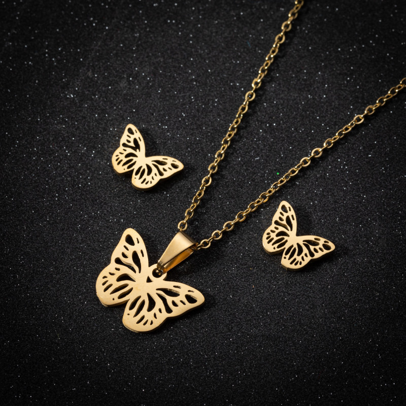 Fashionable Butterfly Necklace for Women Light Luxury Niche Design Stainless Steel New Jewelry Cute Insect Earrings Three-piece Set
