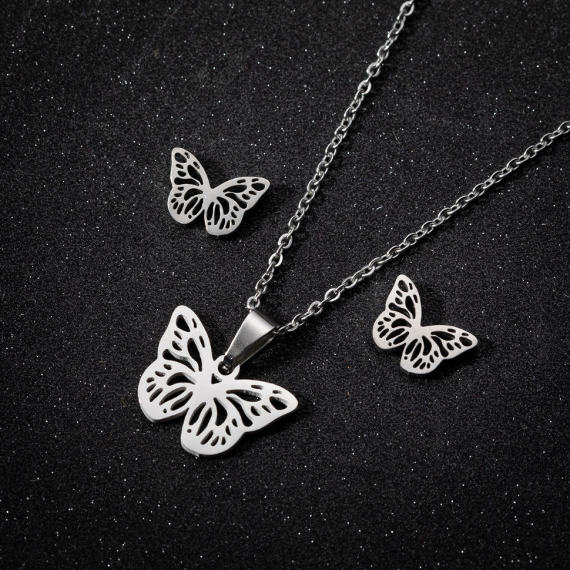 Fashionable Butterfly Necklace for Women Light Luxury Niche Design Stainless Steel New Jewelry Cute Insect Earrings Three-piece Set