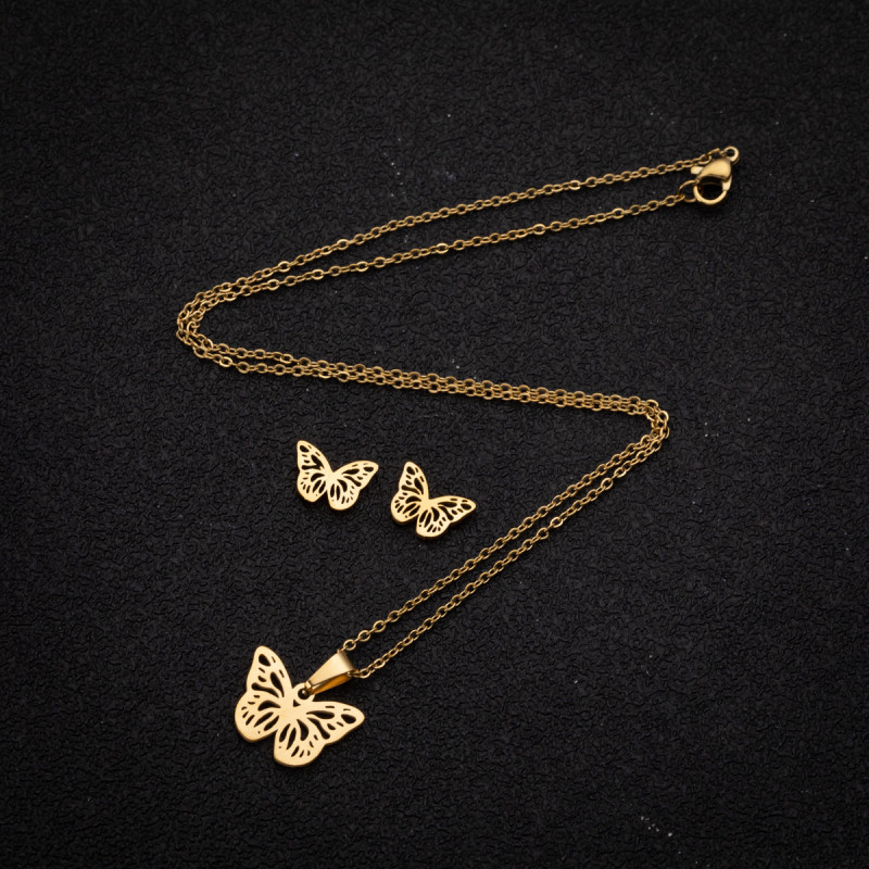 Fashionable Butterfly Necklace for Women Light Luxury Niche Design Stainless Steel New Jewelry Cute Insect Earrings Three-piece Set