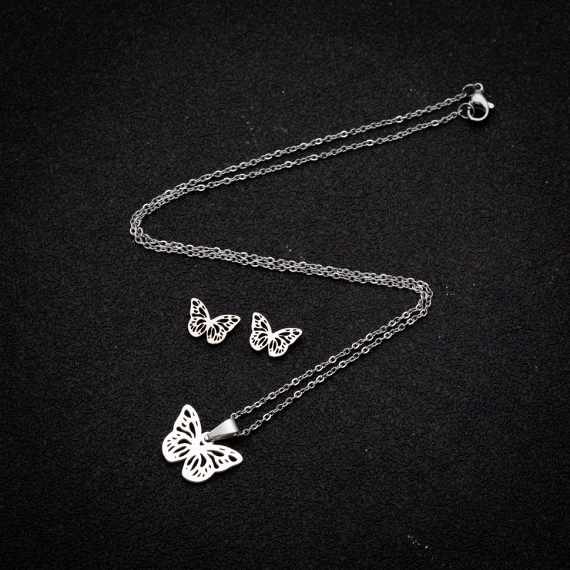 Fashionable Butterfly Necklace for Women Light Luxury Niche Design Stainless Steel New Jewelry Cute Insect Earrings Three-piece Set