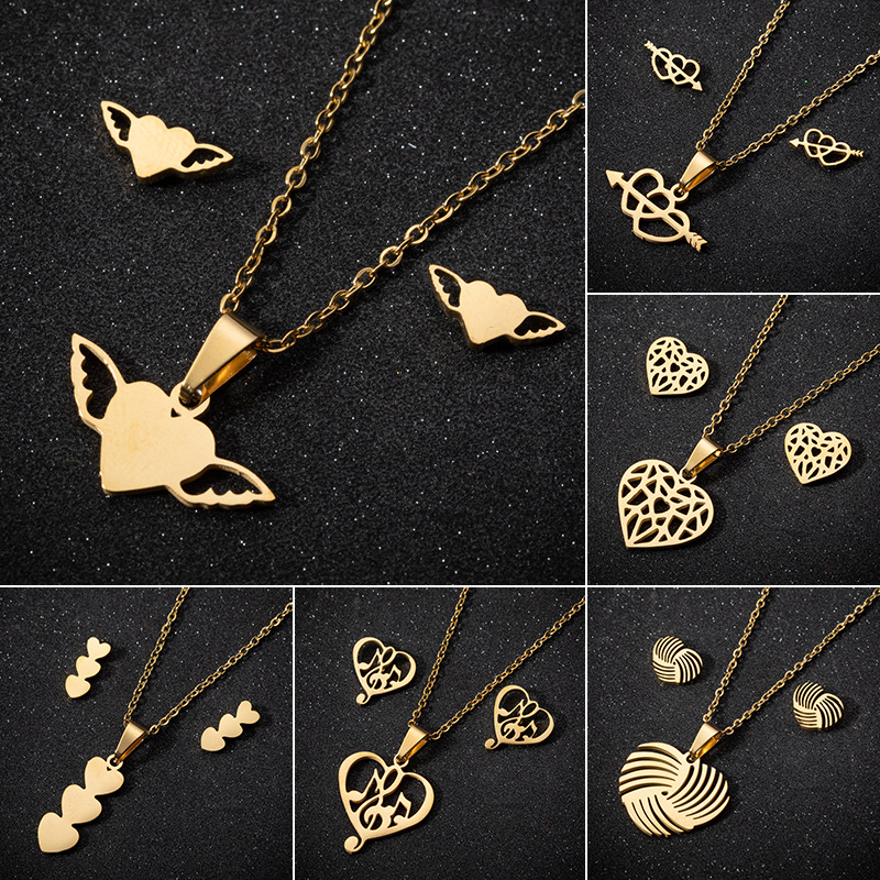 Irregular women's simple heart-shaped pendant necklace Korean ins style wings love note earrings personalized jewelry