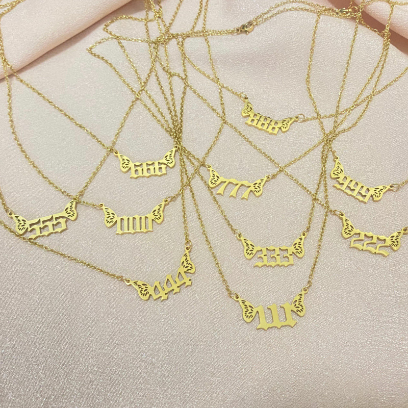 Cross-border new stainless steel jewelry angel digital necklace 000-999Angel angel wings neck chain clavicle chain
