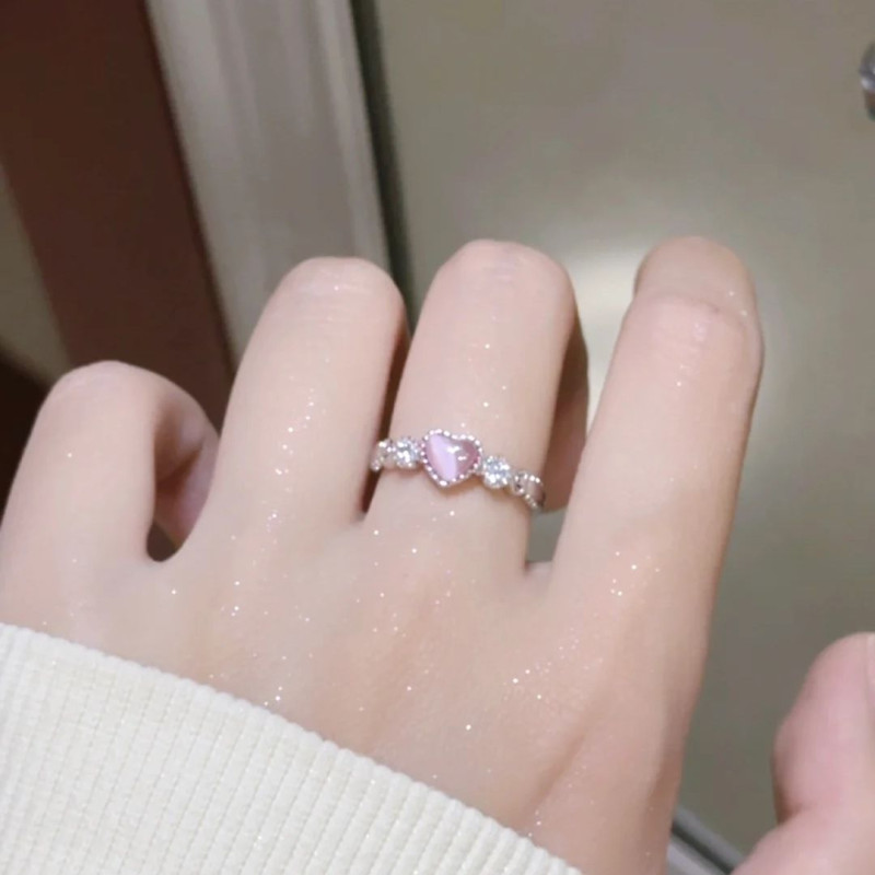 Pink love ring female ins simple niche high-looking Korean girly sweet live mouth ring
