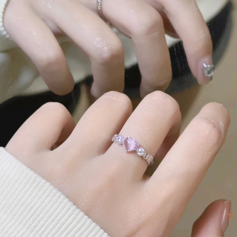 Pink love ring female ins simple niche high-looking Korean girly sweet live mouth ring