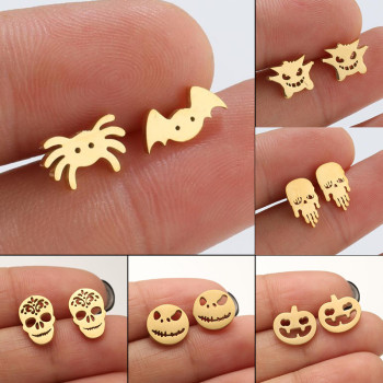 European and American Christmas and Halloween new stainless steel mini funny pumpkin skull bat spider earrings wholesale