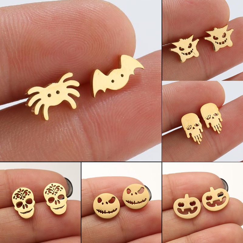 European and American Christmas and Halloween new stainless steel mini funny pumpkin skull bat spider earrings wholesale