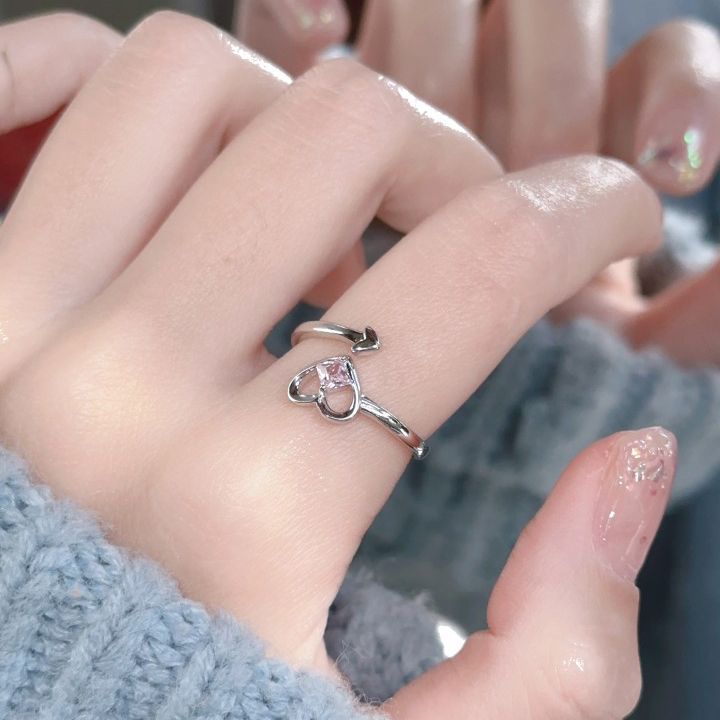 Sweet ins love pink diamond open ring female niche design high-end fashion versatile adjustable index finger ring