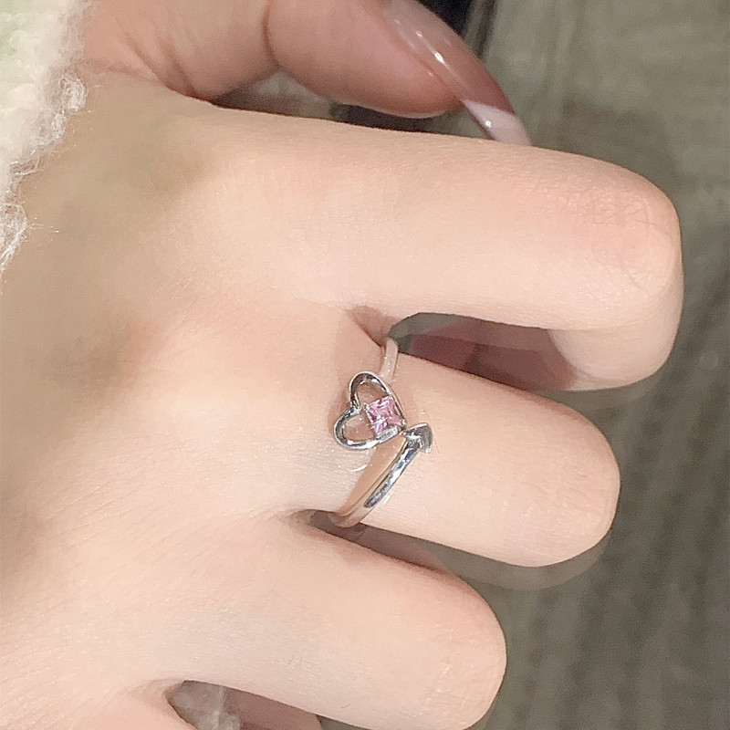 Sweet ins love pink diamond open ring female niche design high-end fashion versatile adjustable index finger ring