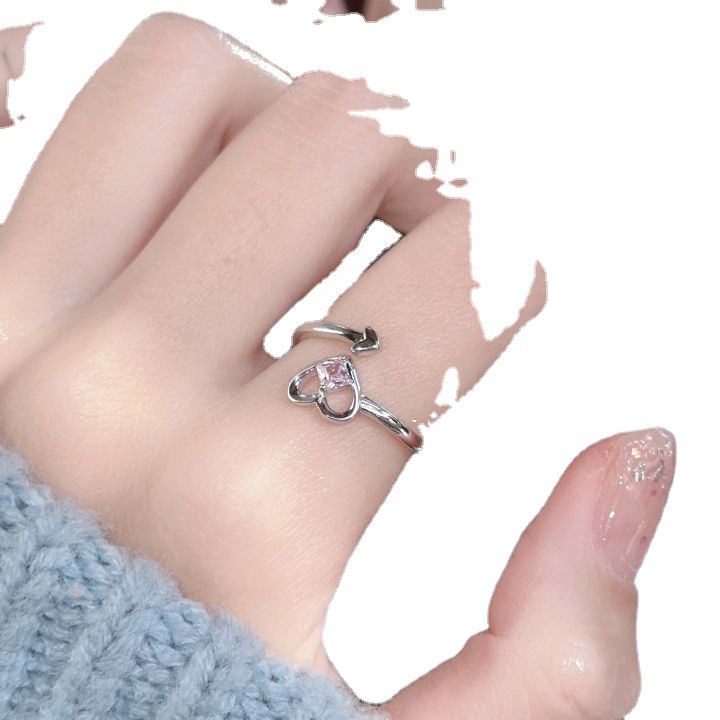 Sweet ins love pink diamond open ring female niche design high-end fashion versatile adjustable index finger ring