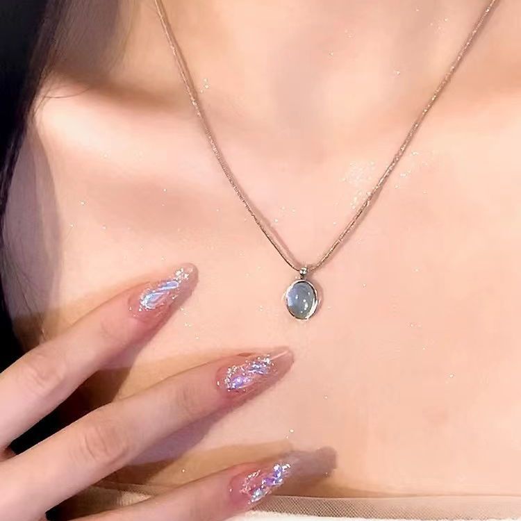 High luxury oval sea blue imitation cat eye necklace for women ins niche design temperament advanced clavicle chain exquisite