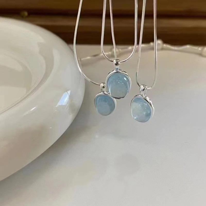 High luxury oval sea blue imitation cat eye necklace for women ins niche design temperament advanced clavicle chain exquisite