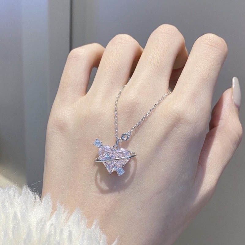 Sweetheart Girl Love Planet Necklace Women's Light Luxury Pink Love Clavicle Chain Birthday Valentine's Day Gift
