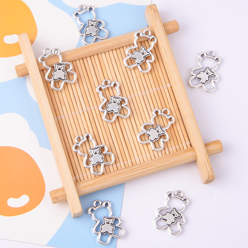 DIY jewelry accessories ancient silver hollow bear pendant ins cute double bear beaded necklace bracelet pendant material