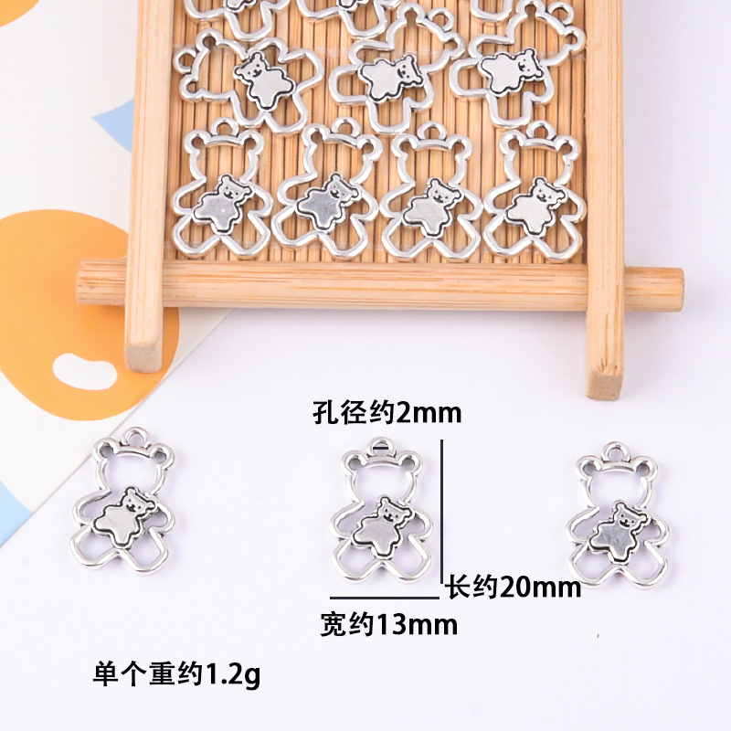 DIY jewelry accessories ancient silver hollow bear pendant ins cute double bear beaded necklace bracelet pendant material
