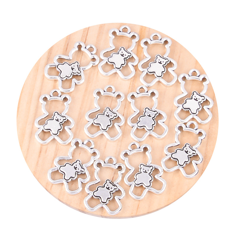 DIY jewelry accessories ancient silver hollow bear pendant ins cute double bear beaded necklace bracelet pendant material