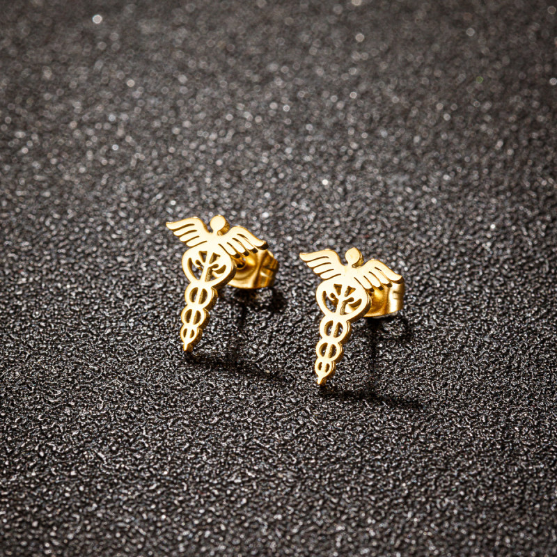 Retro Stainless Steel Snake Staff Wings Earrings Fashion Medical Symbol Nurse Doctor Pendant Titanium Steel Jewelry Wholesale