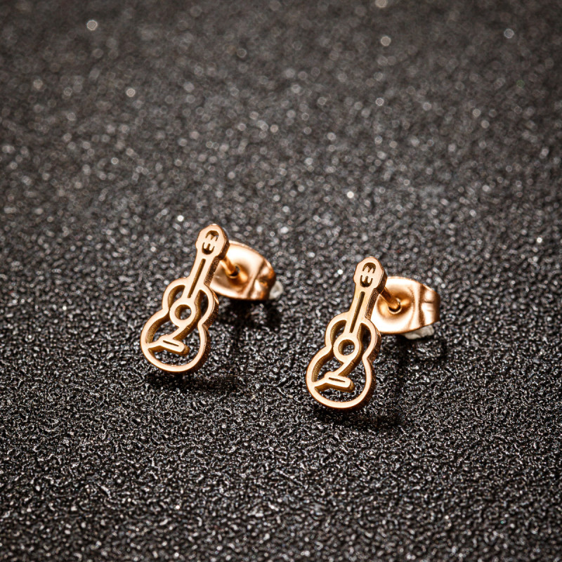 European and American ins wind-plated 18K gold violin hollow earrings music series stainless steel guitar mini earrings wholesale