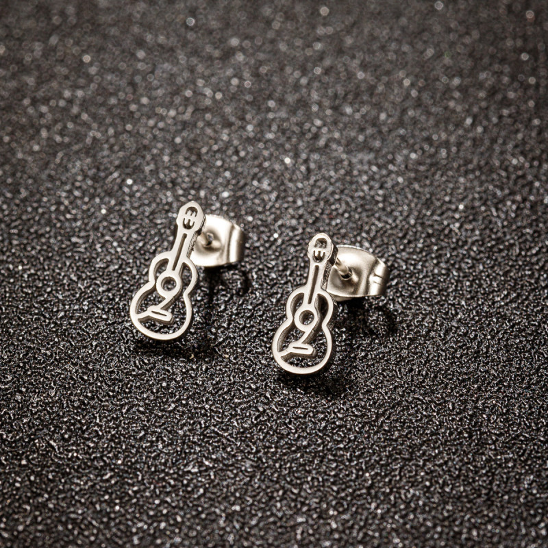 European and American ins wind-plated 18K gold violin hollow earrings music series stainless steel guitar mini earrings wholesale