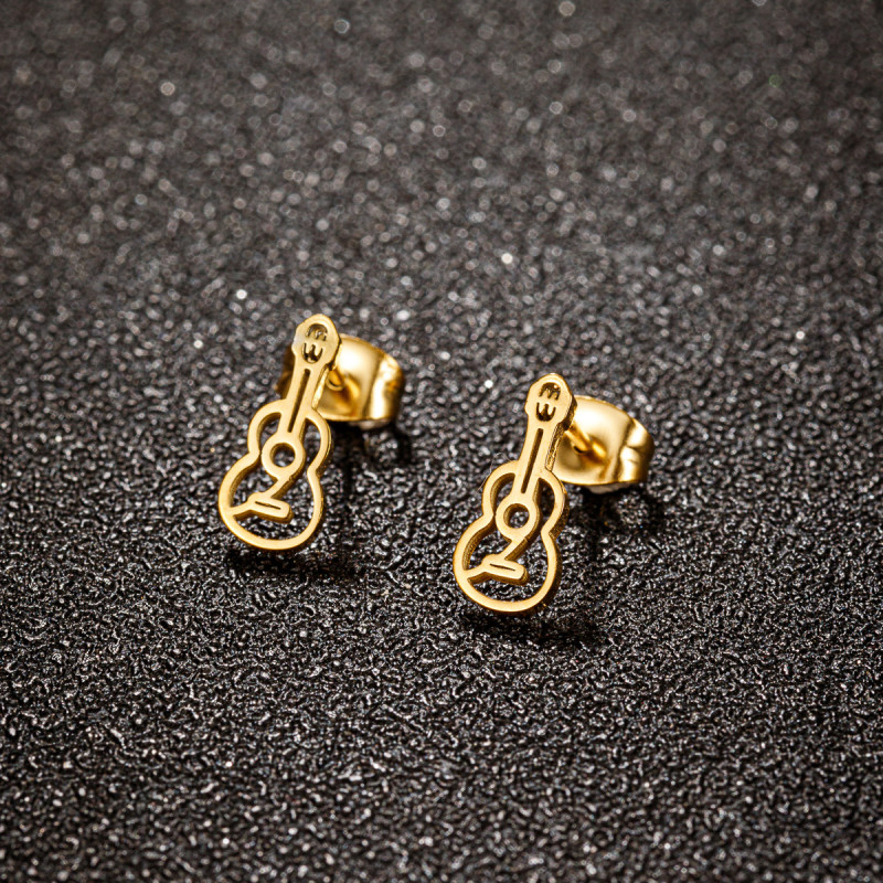 European and American ins wind-plated 18K gold violin hollow earrings music series stainless steel guitar mini earrings wholesale