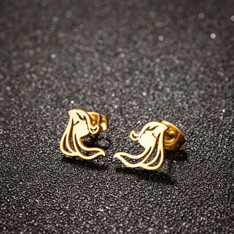 Korean autumn creative new sweet hollow long hair girl earrings stainless steel cartoon cute character earrings