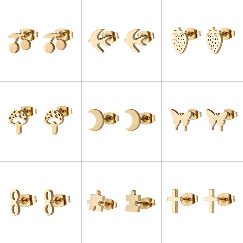 2025 European and American retro stainless steel new 18K gold electroplated women's personalized mushroom moon butterfly pattern earrings