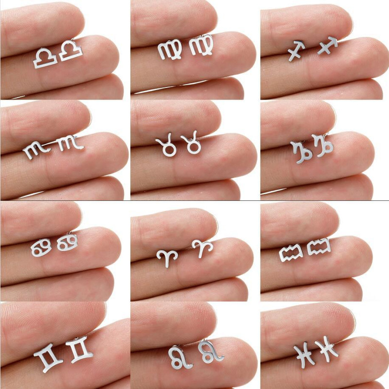 Simple European and American cross-border new stainless steel 12 constellation earrings symbol pattern independently packaged earrings wholesale
