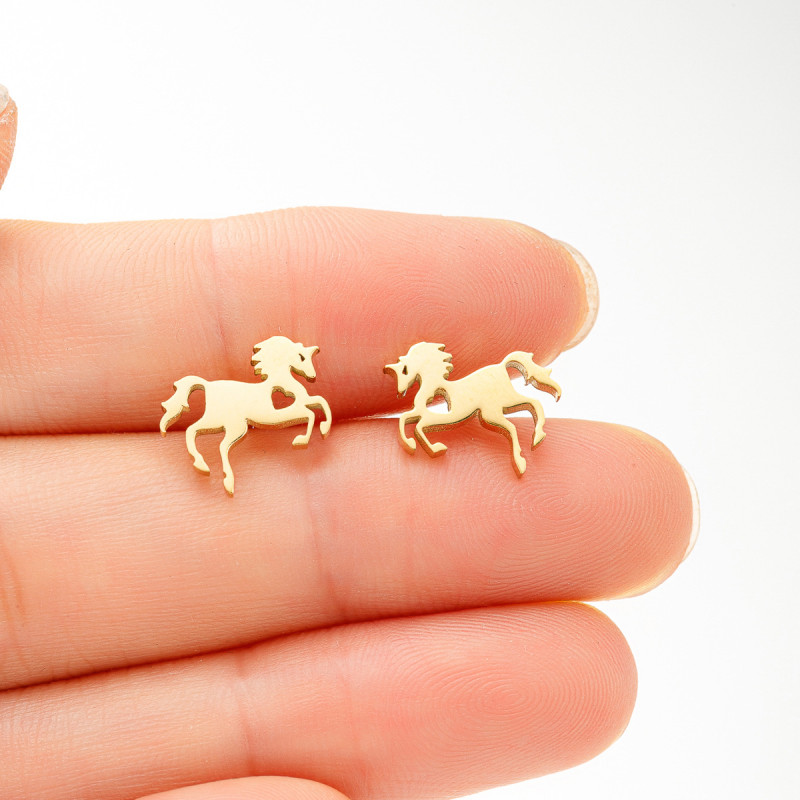 European and American retro design new stainless steel simple cute small animal horse earrings niche hollow love ear bone nails