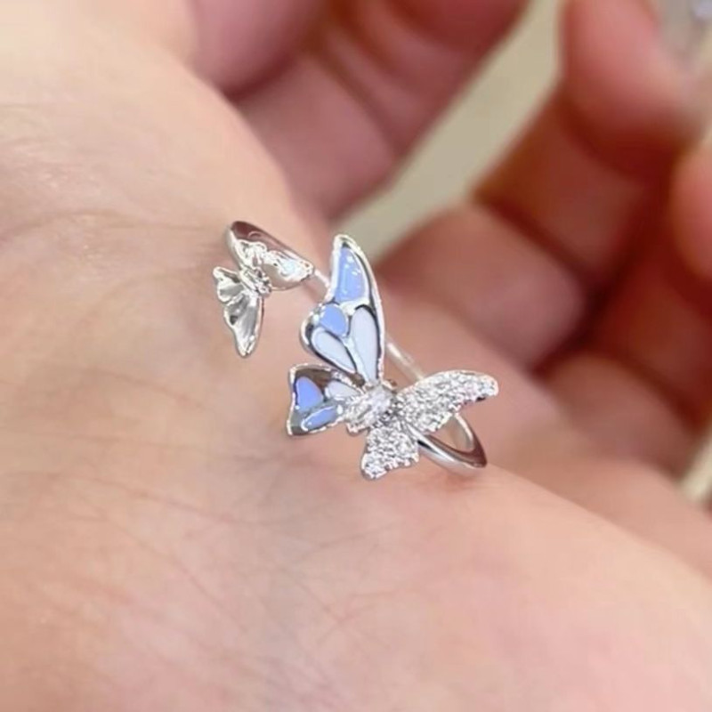 Blue double butterfly open ring, high-looking, new style, retro, light, luxurious, exquisite, fairy-like, versatile index finger ring