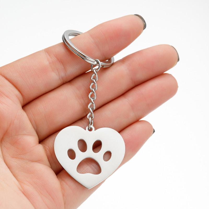 European and American cartoon cute animal footprints cat paw pendant keychain stainless steel geometric simple round heart-shaped pendant