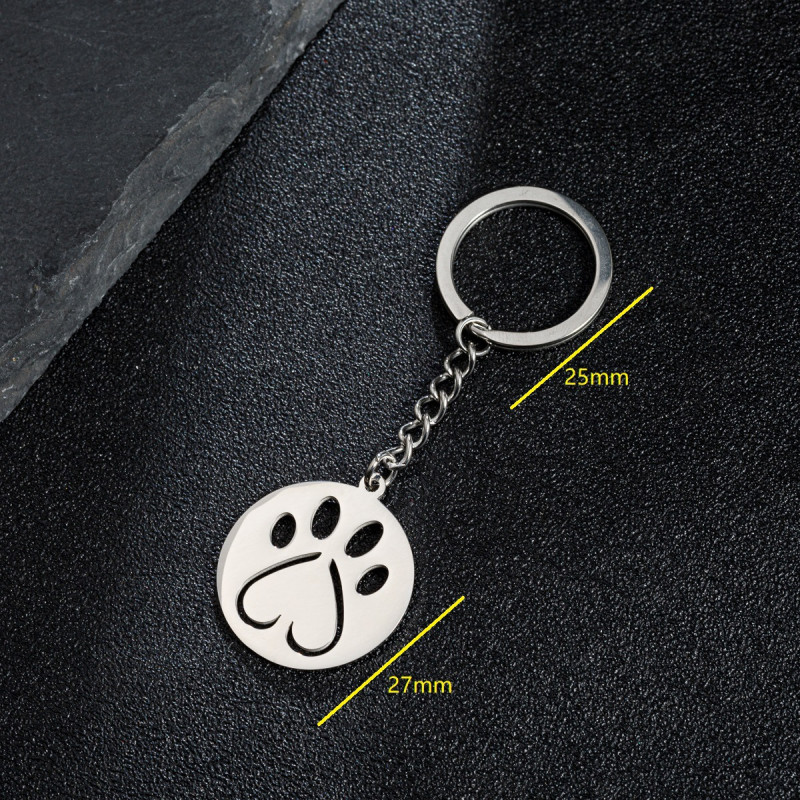 European and American cartoon cute animal footprints cat paw pendant keychain stainless steel geometric simple round heart-shaped pendant