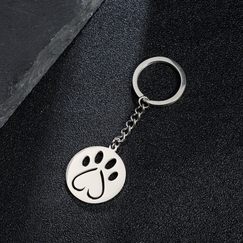 European and American cartoon cute animal footprints cat paw pendant keychain stainless steel geometric simple round heart-shaped pendant