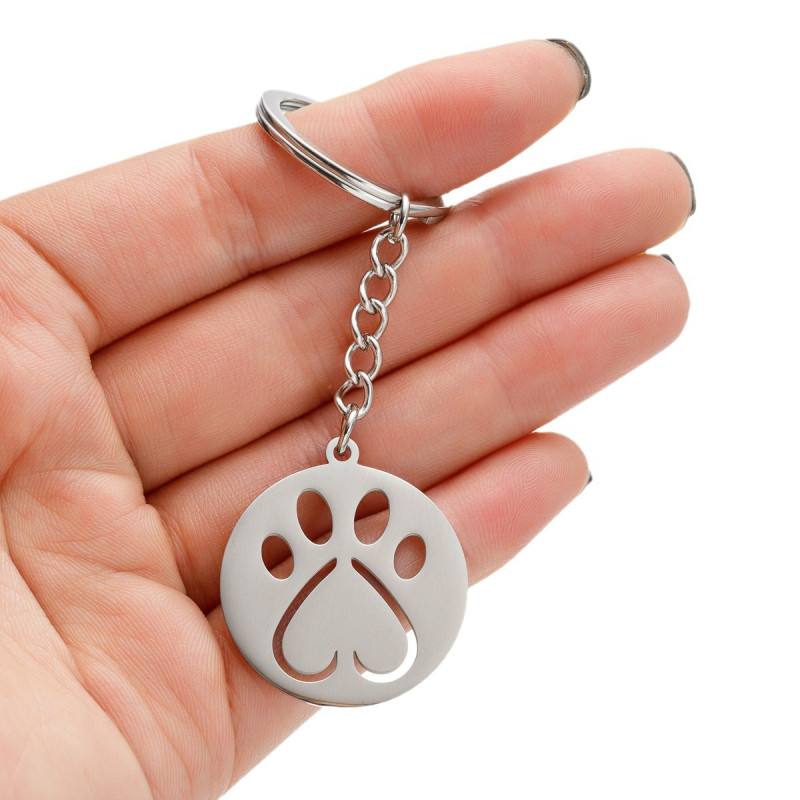 European and American cartoon cute animal footprints cat paw pendant keychain stainless steel geometric simple round heart-shaped pendant
