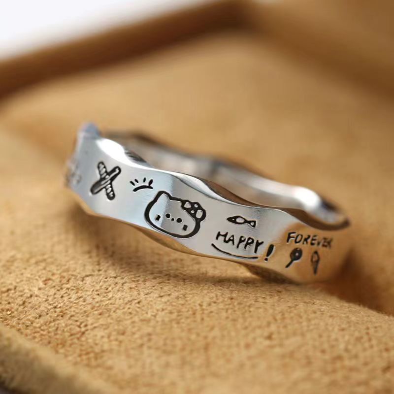 Niche design, versatile minimalist graffiti, wavy edge, exquisite and fashionable temperament, Pacha dog couple ring