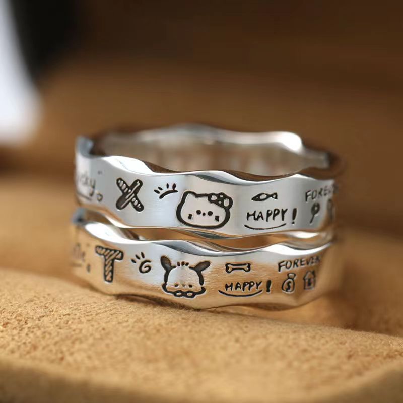 Niche design, versatile minimalist graffiti, wavy edge, exquisite and fashionable temperament, Pacha dog couple ring