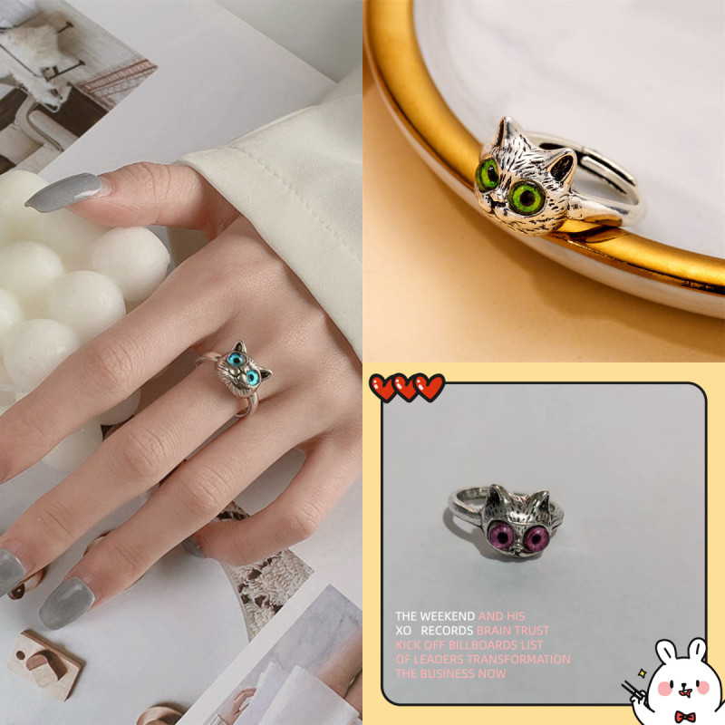 European and American new retro style cat face ring fashionable cartoon kitten women's open ring