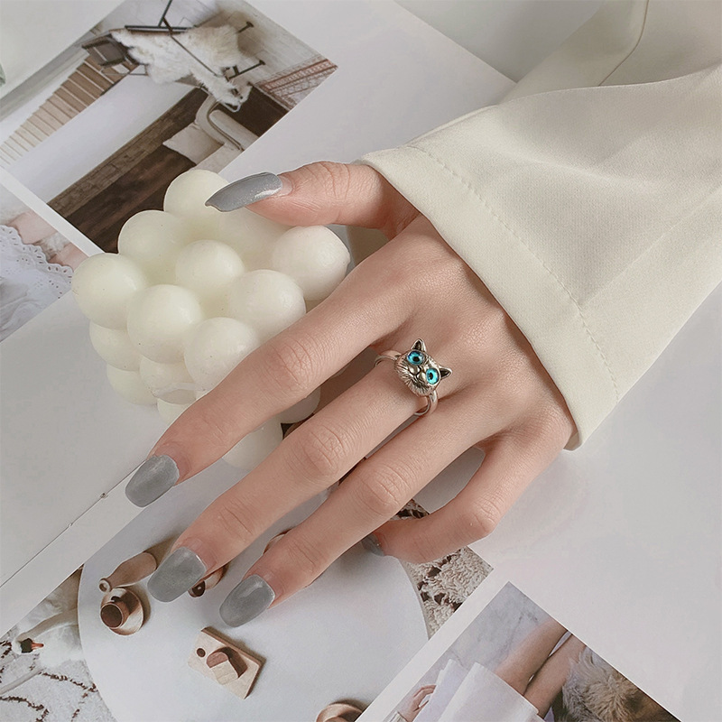 European and American new retro style cat face ring fashionable cartoon kitten women's open ring