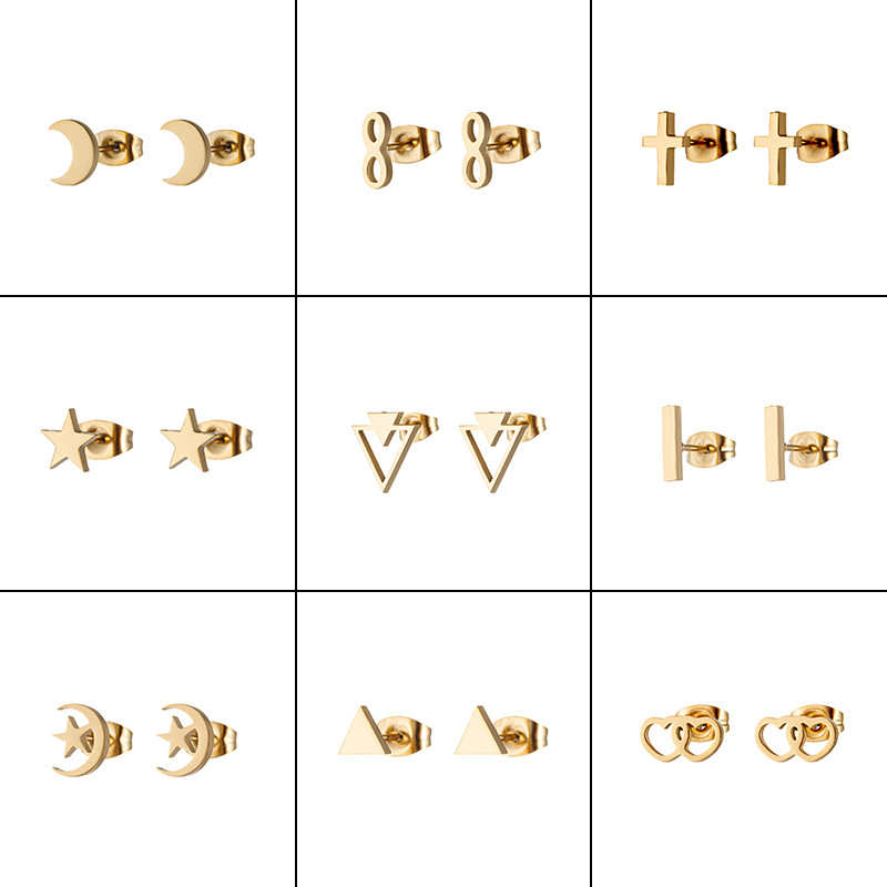 18K gold electroplated stainless steel geometric simple earrings INS women's mini small star moon triangle earrings