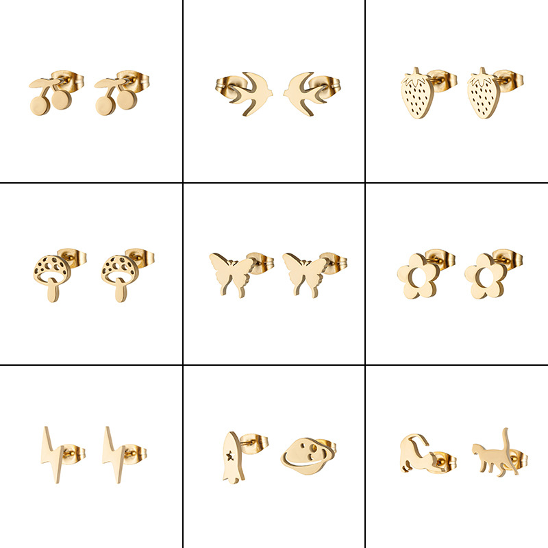 Cross-border new stainless steel cute little animals cat bird butterfly earrings asymmetric spaceship ear jewelry