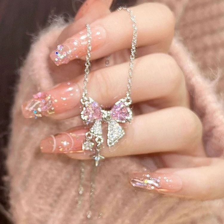 Popular internet celebrity pink bow necklace ins student sweet cool girl clavicle chain versatile light luxury