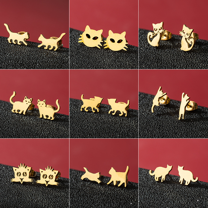 European and American ins style fashion new product versatile small earrings for women cute stainless steel small animal pet cat ear bone nails