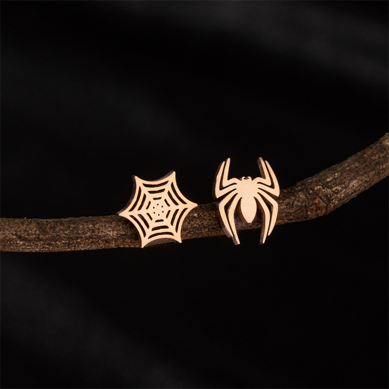 European and American cross-border new gothic asymmetric earrings ins stainless steel spider web Halloween earrings wholesale